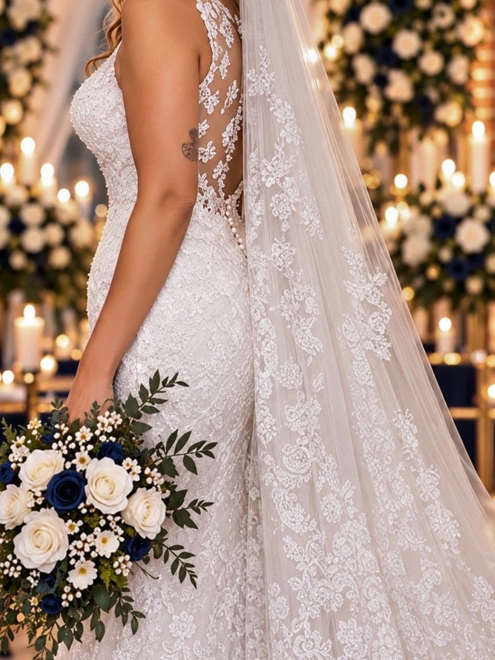 Lace Mermaid Wedding Dress with Veil – Size 12